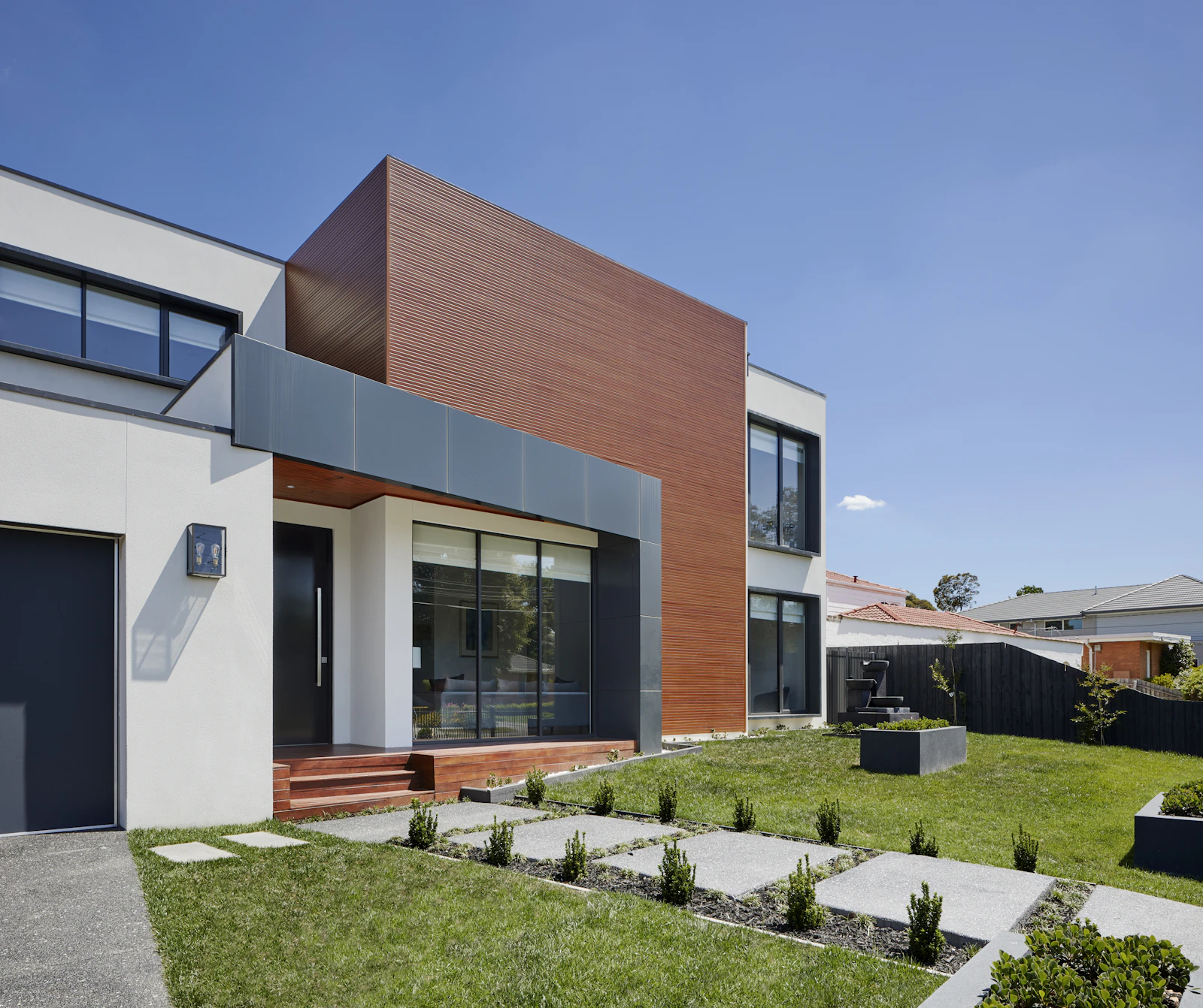 Modern home with timber cladding and a level lawn