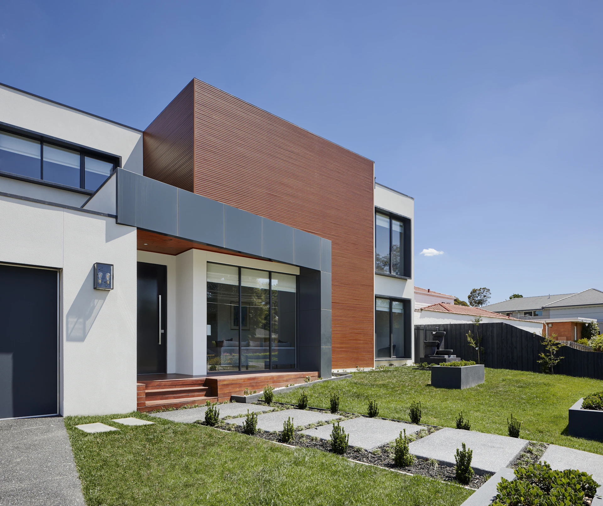 Modern home with timber cladding and a level lawn