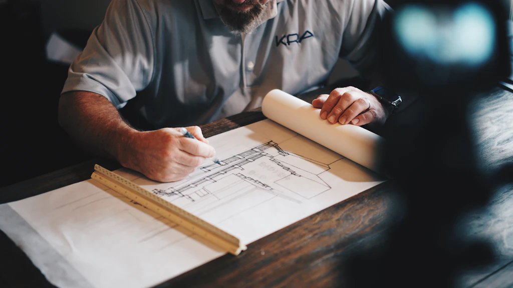 Designer drafting a floor plan by hand with a scale rule
