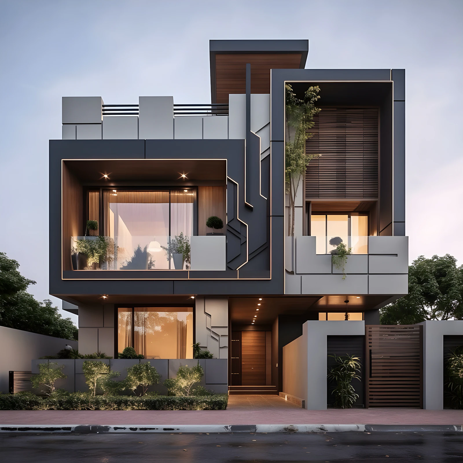 Contemporary two-storey home lit from within at dusk