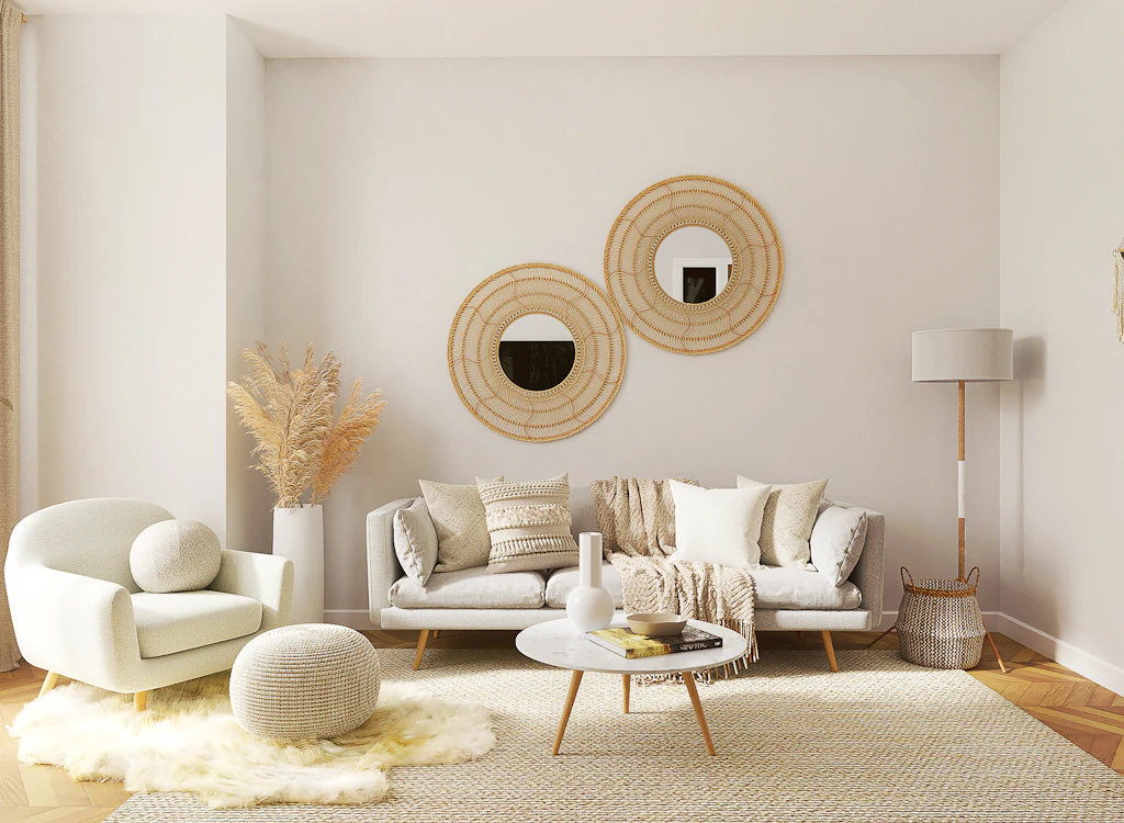 Warm neutral living room with soft furnishings and round mirrors
