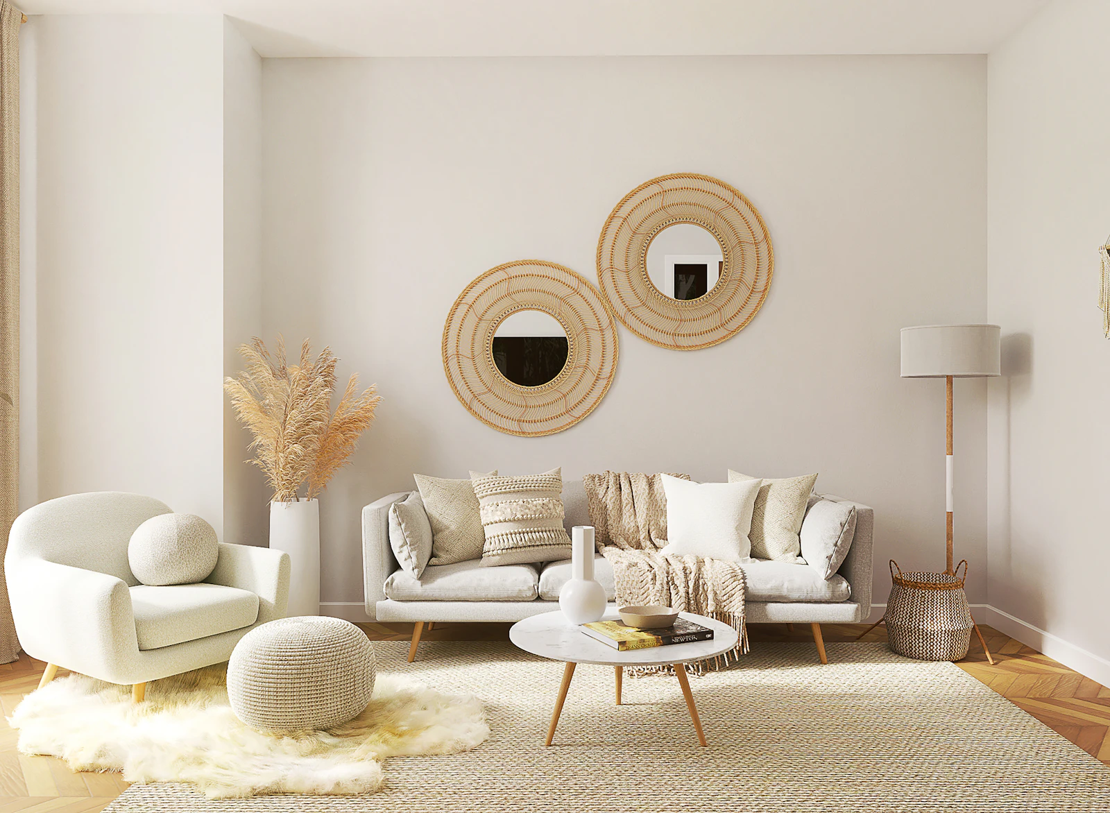 Warm neutral living room with soft furnishings and round mirrors
