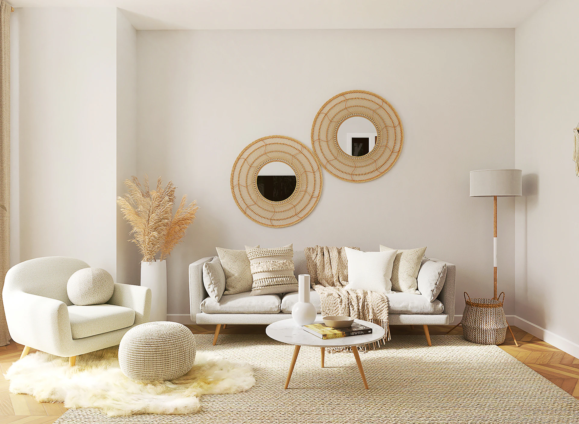 Warm neutral living room with soft furnishings and round mirrors