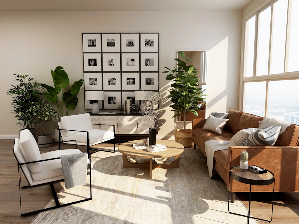 Neutral living room with a gallery wall and indoor planting